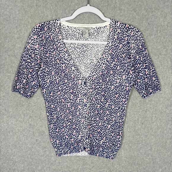 H&M Cardigan Sweater XS Blue Pink Leaf Print Cotton‎ Modal Soft Girl Coquette - Picture 1 of 10